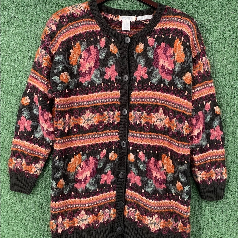 VTG Y2K Floral Fair Isle Patterned Knitted Cardigan Sweater Women’s Size Medium